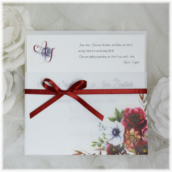 Svatební průhledná kapsa s mašličkou a květinami